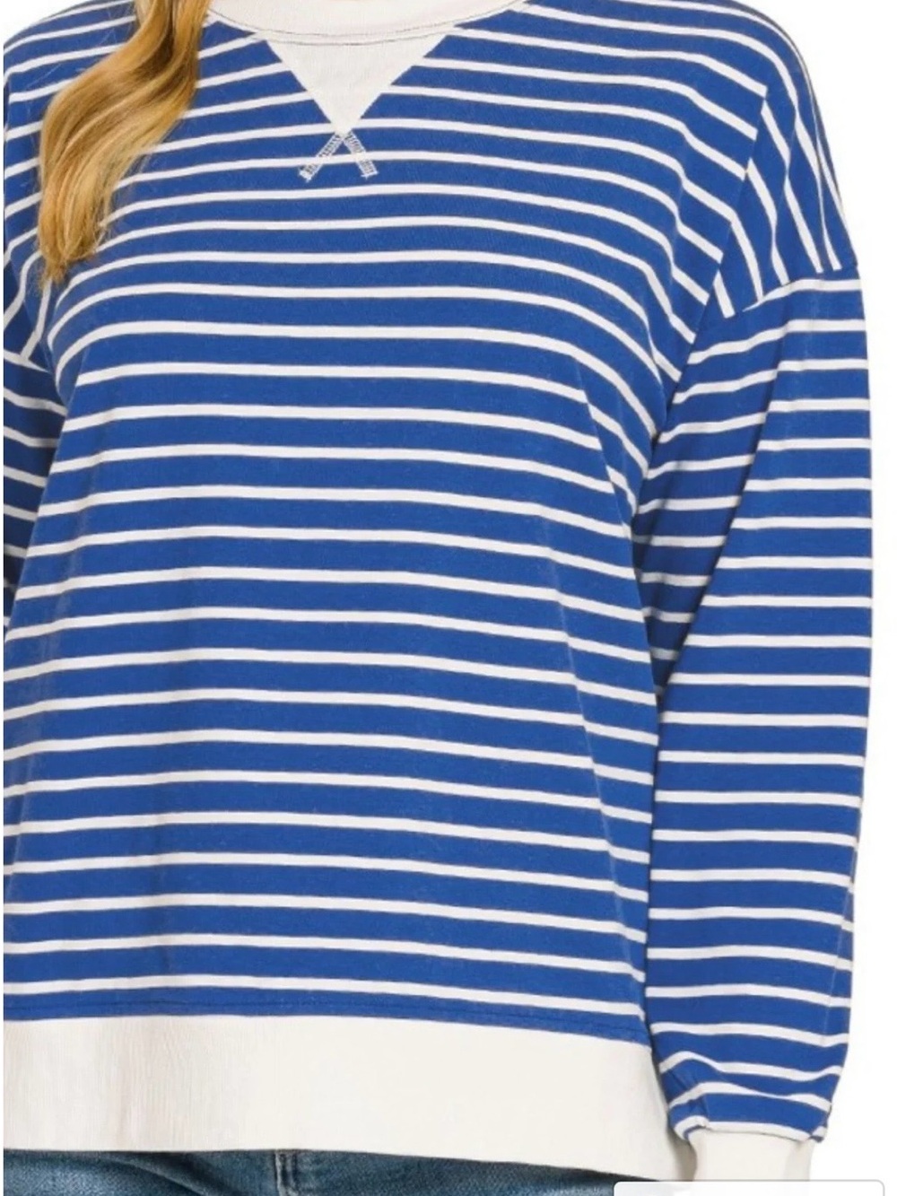 Women’s Zenana Blue & White Striped Crewneck Sweatshirt, size Large - Picture 3 of 10